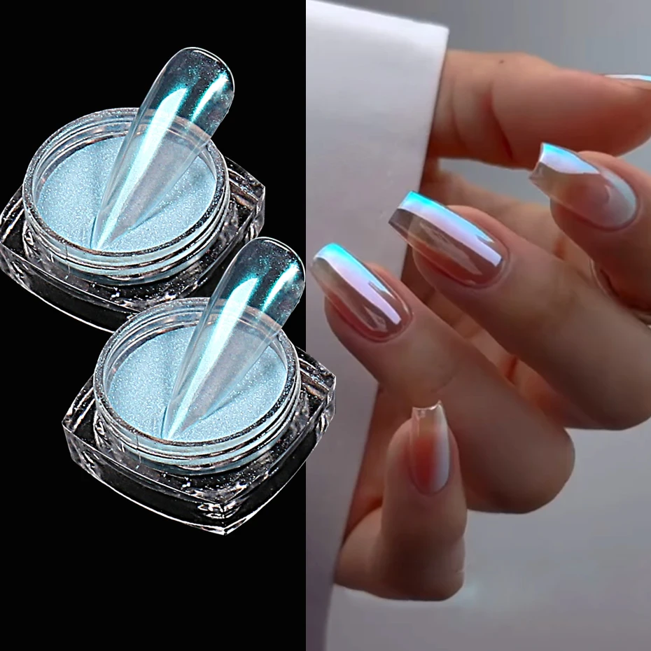 2 stks Maanlicht Blauw Aurora Chrome Nagels Poeder Glitter Wrijven op Poeder Spiegel Pigment Nail Art Supplies Manicure Decoratie