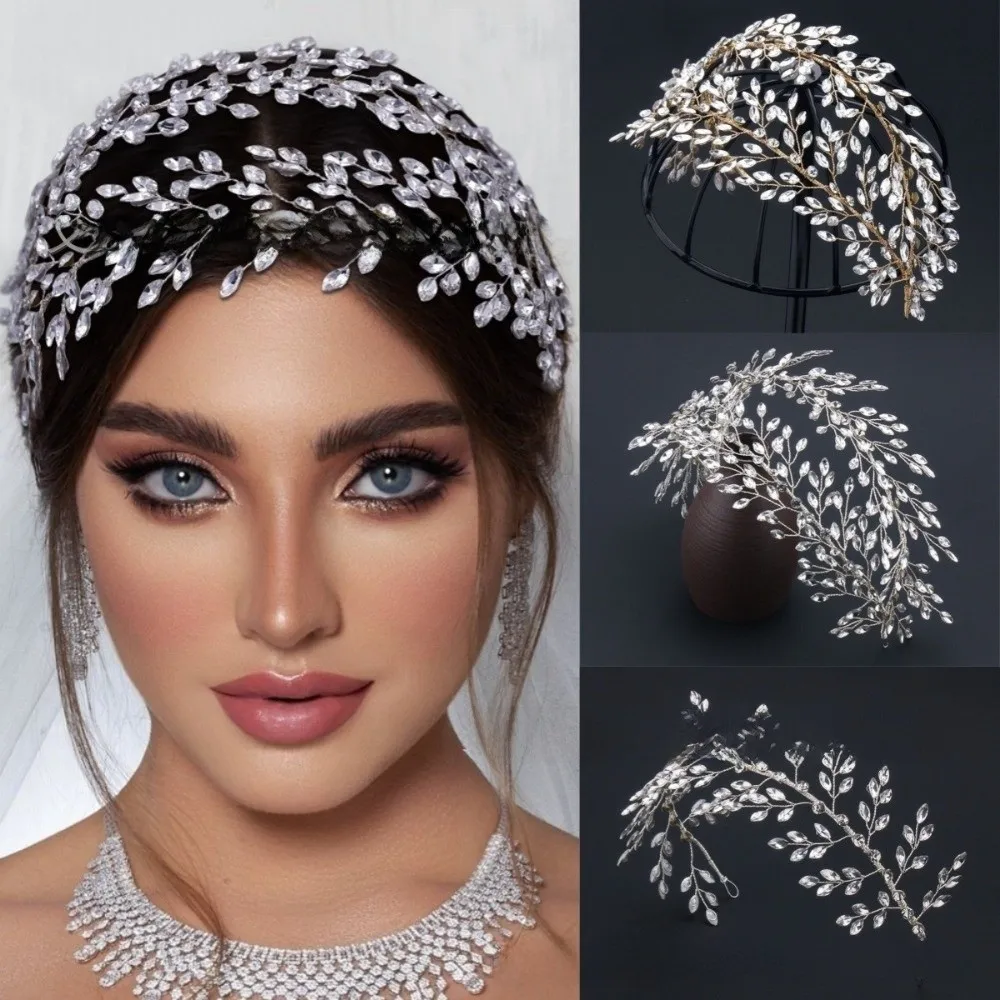 

Elegant Rhinestone Bride Headdress Sparkling Handmade Photography Headband French Style Leaf Wedding Hair Accessories Party
