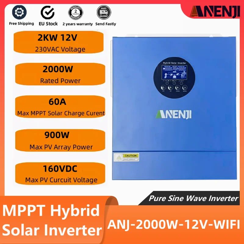 Hybride Omvormer 2KW 12V MPPT Off Grid Omvormer Zuivere Sinus 60A 230V Auto 50/60hz Zonnelader Met WIFI