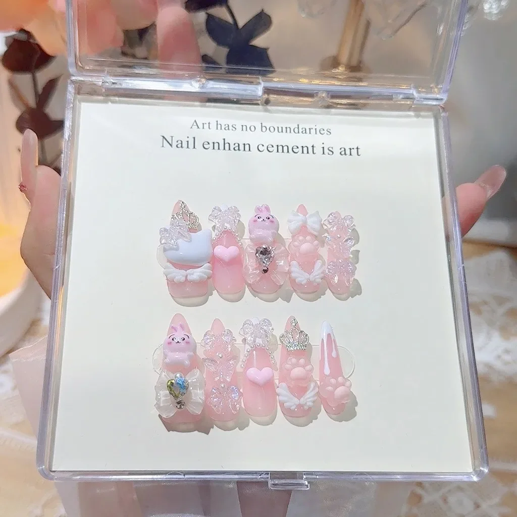 10枚入り Y2K風 可愛い和風ジライ系 手作りプレスオンネイル ギャルアニメ風 偽爪 ヤミカワイイ 3Dリボン キャットクロー ピンクネイルアート