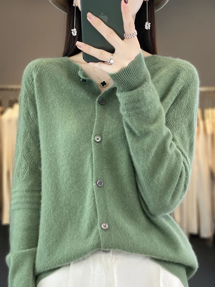 New Chic 2024  Spring Autumn Women Sweater 100% Merino Wool Long Sleeve O-Neck Cardigan Twist Flower Knitwear Women Clothing