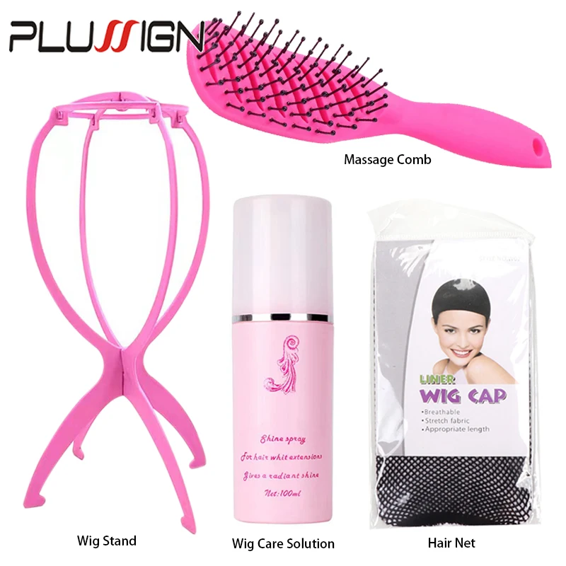 Plussign 100Ml Hair Care Spray Black Hair Net For Wig Install Pink Plastic Wig Display Stand Hair Scalp Massage Comb For Salon