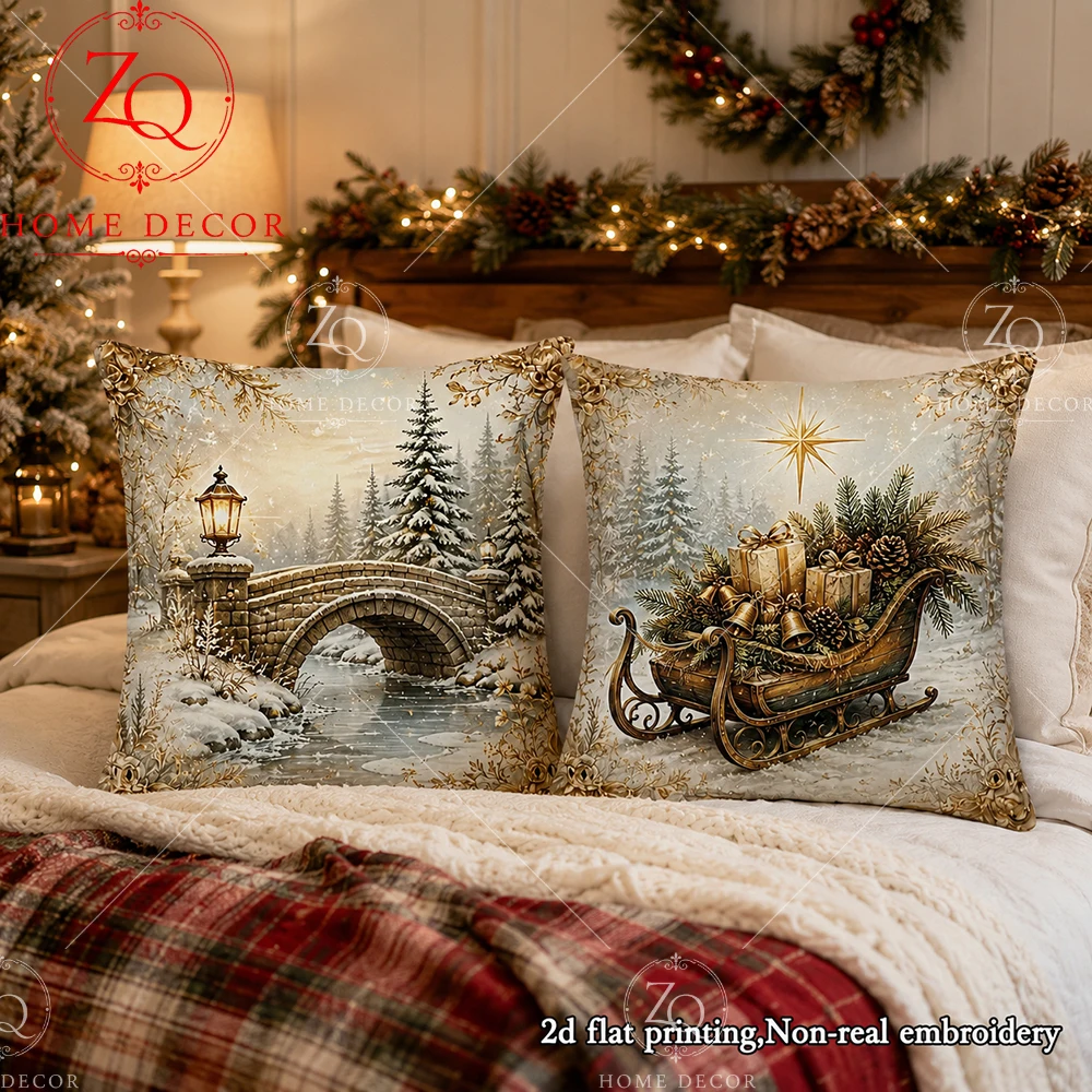 Merry Christmas Cushion Cover 2D Flat Printed Peach Skin Sleigh Gift Box Pillowcase Holiday Decor For Sofa Bed Couch Living Room