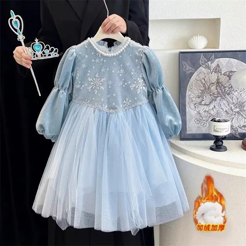 Mädchen Herbst Winter Mesh-Schleifen-Prinzessinnenkleid Kinder Schüler Paillettenkleid, Baby Warmes Puffkleid Kinder Lässiges Urlaubs-Party-Outfit – Detail 6