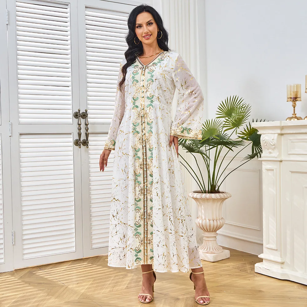 Großhandel Neue Ankunft Elegantes Langarm-Abaya-Kleid mit V-Ausschnitt für Frauen Erwachsene Polyester Vintage-Stil für den Sommer