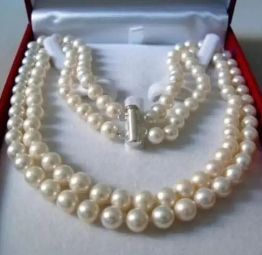 

2 Rows 7-8MM WHITE AKOYA SALTWATER PEARL NECKLACE 17-18" beads jewelry