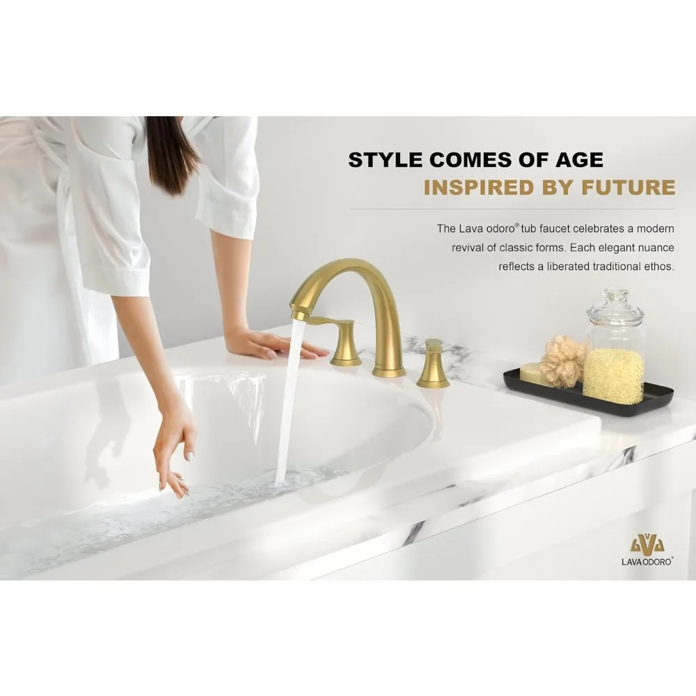 صنبور حوض استحمام روماني ذهبي مصقول بمقبضين، حامل على سطح السفينة، تدفق عالي، عرض 8 بوصة