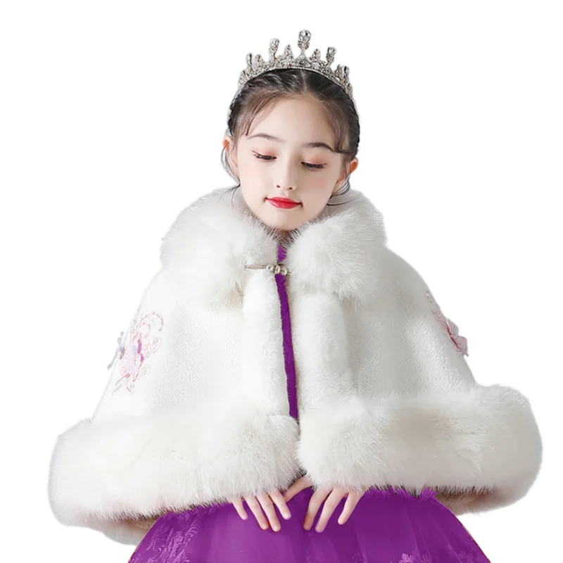 Winter Girls' White Faux Fur Wrap Plush Christmas Shawl Embroidered Flower Applique Jacket Party Dress for 1-14 -Year-old Kids