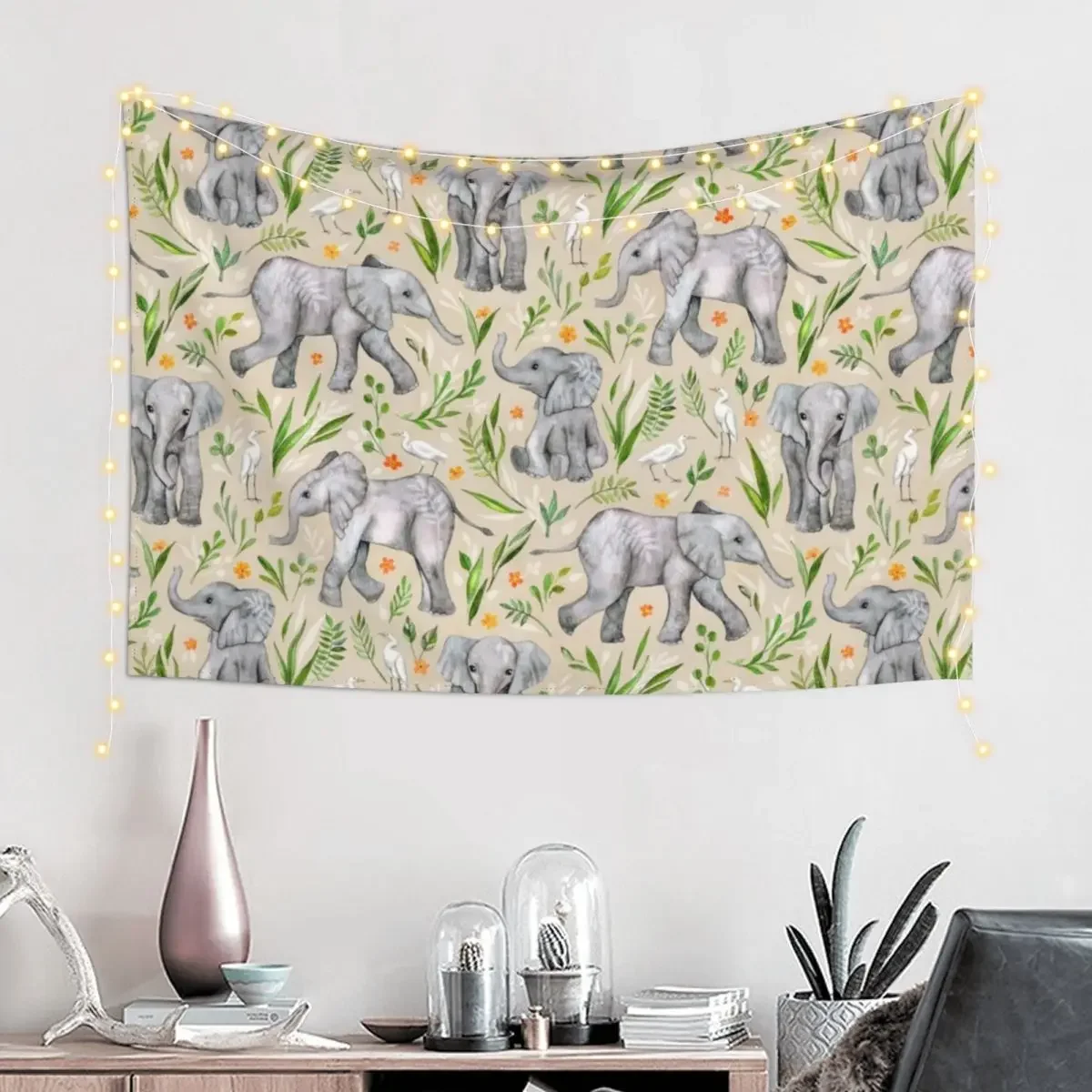 Baby Elephants and Egrets in Watercolor - neutral cream Tapestry Decoration Room Room Aesthetic Decor Tapestry