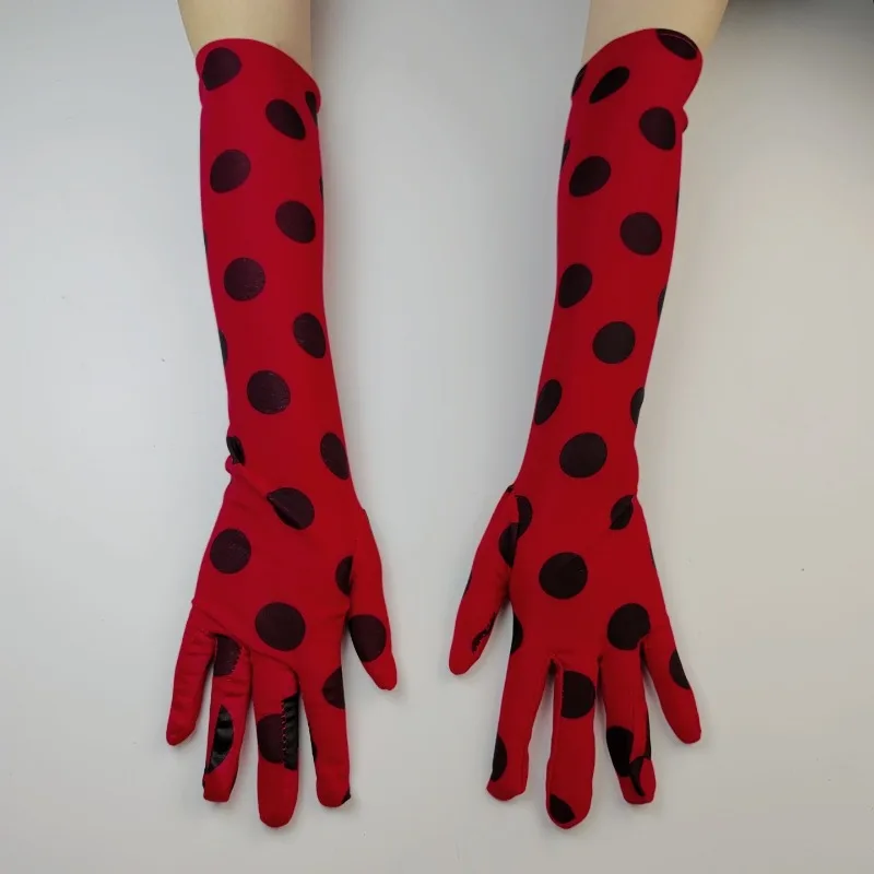 Perfect Red Polka Dot Elastane Long Stretchy Gloves for Cosplay Holiday Party Show Ladybug Girl Costume Accessories