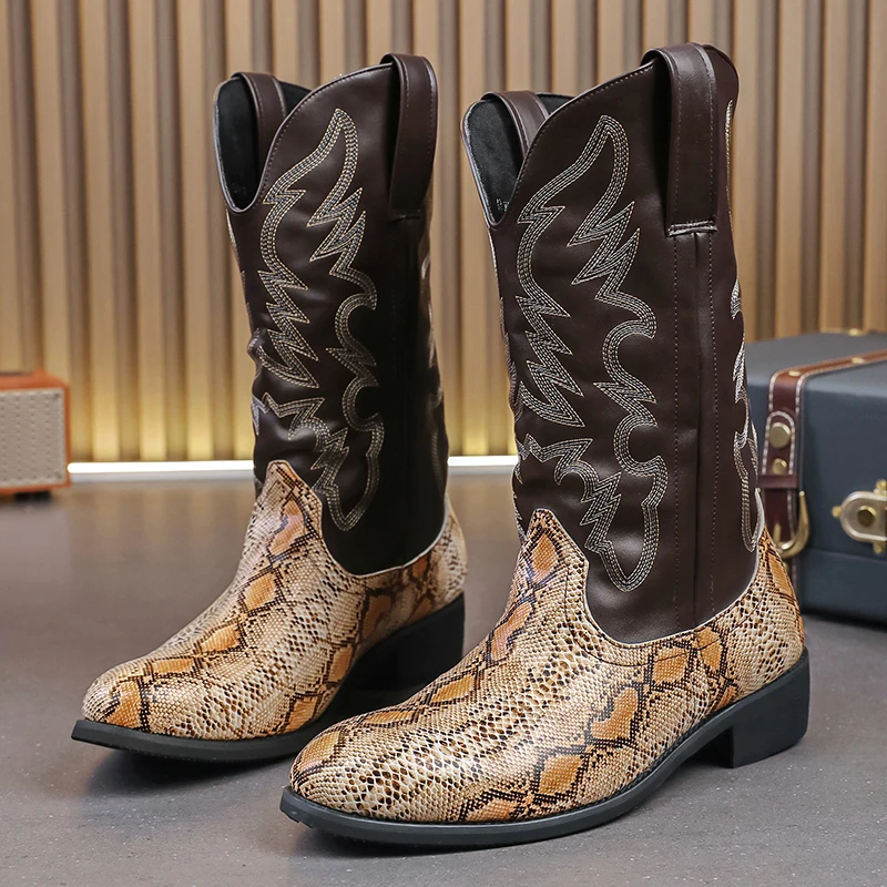 Retro Men Women Boots Golden Head Snake Skin Faux Leather Winter Shoes Embroidered Western Cowboy Boots Unisex Footwear Big Size
