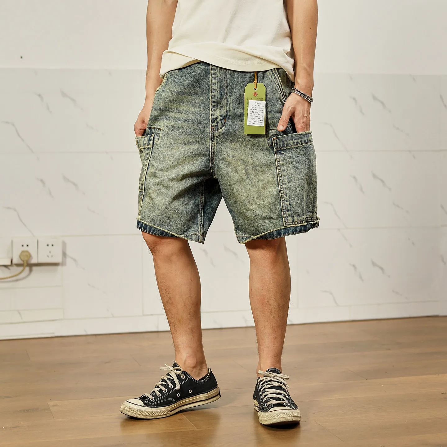 

Vintage Washed Cargo Denim Shorts Men Multi Pocket Straight Streetwear Jeans Shorts
