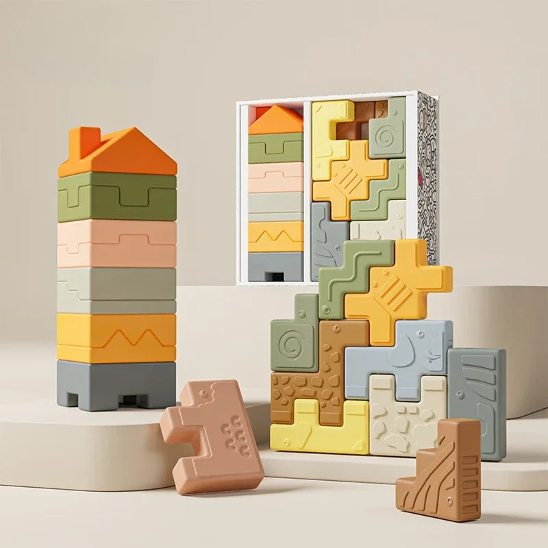 Soft Silicone Stacking Blocks Puzzle Baby Grasping Toy Boil Clean Early Learning Gift Set for Toddlers Kids Home Play 실리콘 블록 장난감