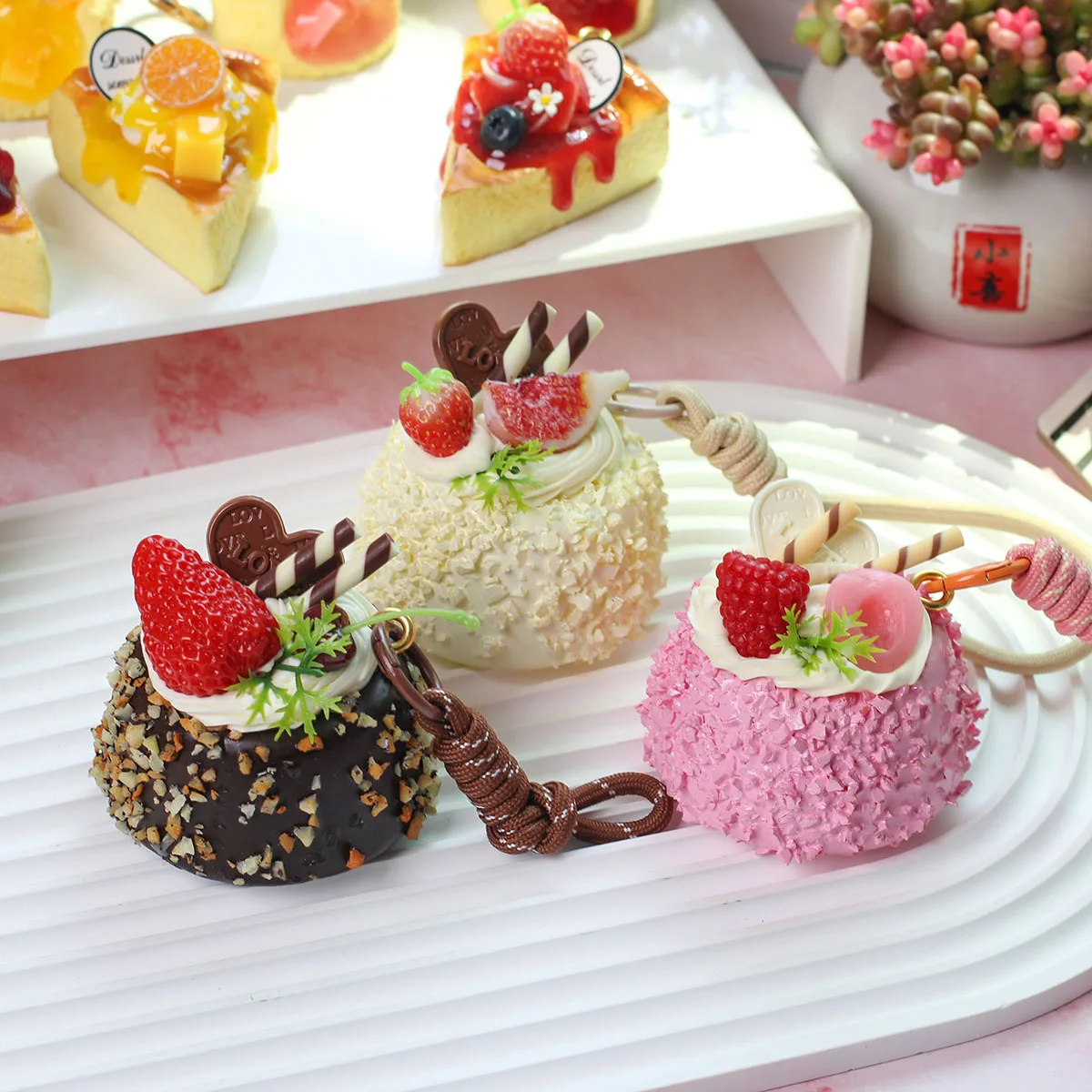 

Artificial Chocolate Cake Strawberry Cake Fake Food Cake Dessert Model Simulation Hanging Decoration with Rope Home Decor