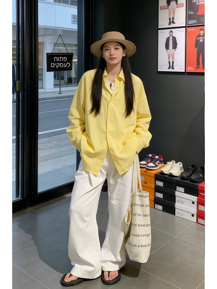 Dopamine  Lemon Yellow Cotton Men's Shirt Lightweight Long Sleeve Spring Summer Casual Style Couple's Outerwear