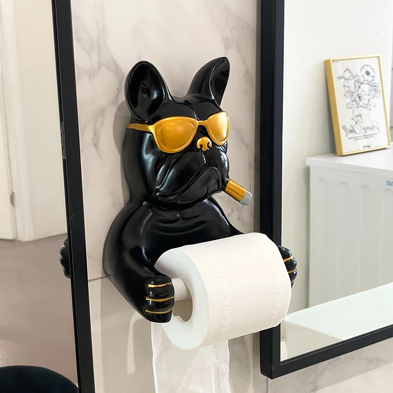 Criativo buldogue francês rolo tubo de papel banheiro suporte de tecido higiênico sem perfuração fixado na parede rack armazenamento decoração