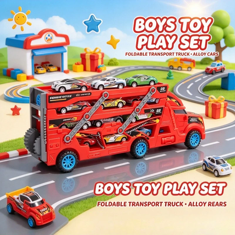 Boys Indoor Play Toy Ejection Race Track Deformable Transport Container Pull Back Mini Alloy Vehicle Portable Game Set