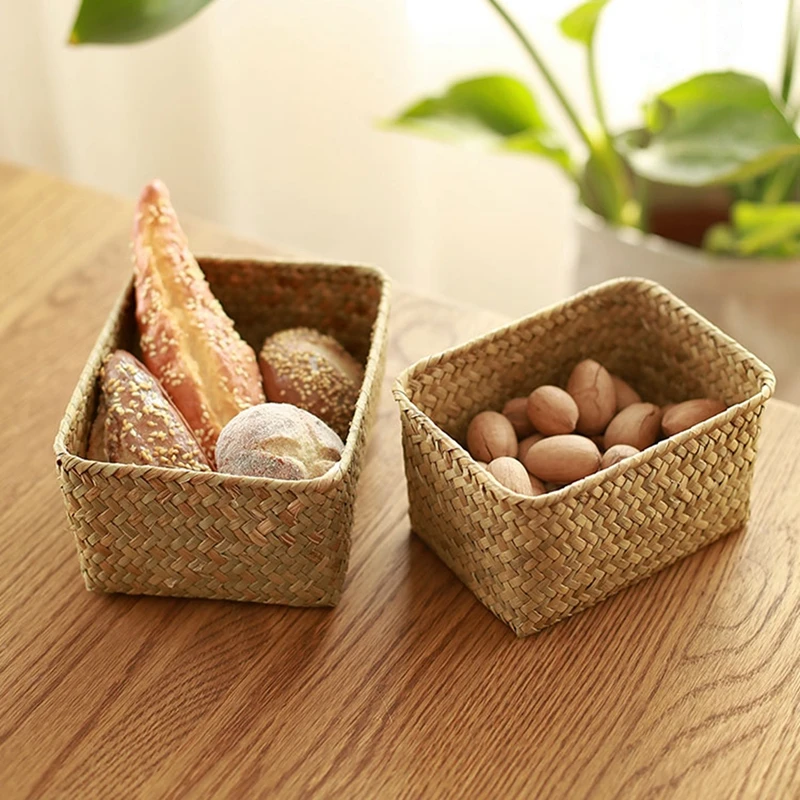 Handmade Seaweed Storage Basket  Woven Storage Organizers Sundries Cosmetic Toy Snack Storage Box Home Desktop Fruit Container