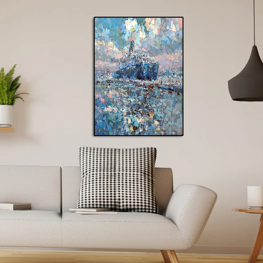 

Абстрактная картина с большим пейзажем лодки, художественная стена, картины маслом ручной работы, произведения искусства на холсте, большой размер с текстурой пейзажа, новый дизайн