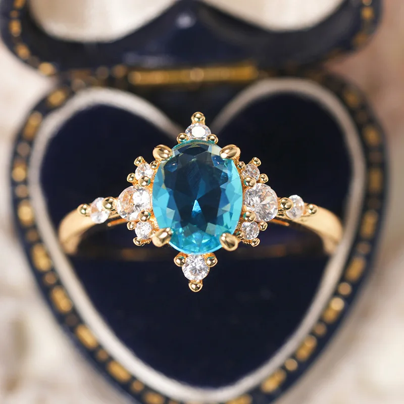 

Jianjie Luxury Sea Blue Cutting Zirconia Rings for Women Dainty Crystal Wedding Banquet Classic CZ Ring Charm Jewelry