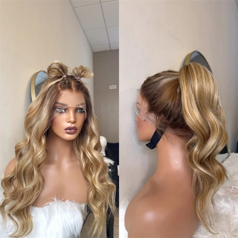 Realistisch aussehende Körperwelle gemischte Perücke 13x4 Ombre Golden Blonde Highlight Lace Frontal Perücke Hitzebeständige Frauen Geschenk Perücke täglich