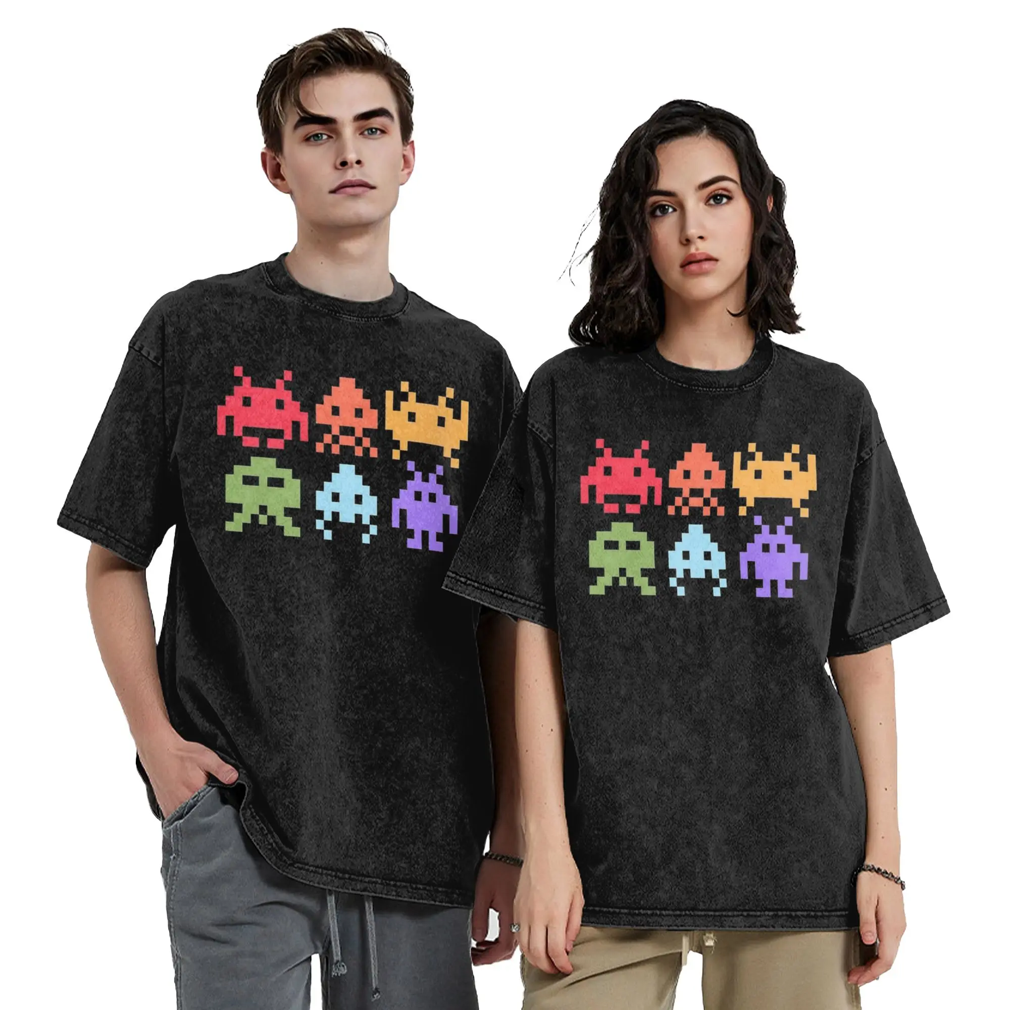 Washed T Shirts Space Invaders Pixel Art Rainbow Aliens Hip Hop Vintage T-Shirts Streetwear Summer Tops Tees for Men Women