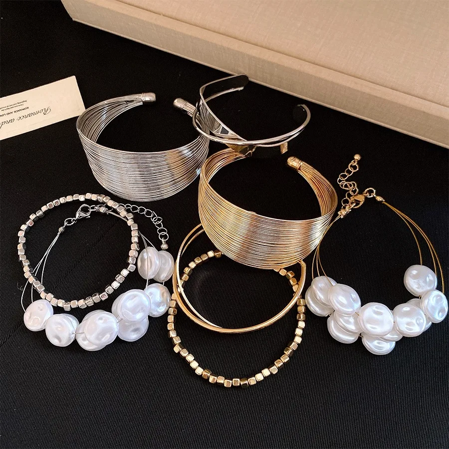 4 Pieces Multi Layered Wire Metal Cuff Bracelet Set Irregular Baroque Pearl Chain Bangle Minimalist Chic Women Fashion Jewelry