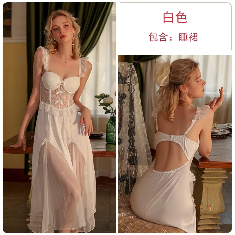 White Perspective Female Robe Set Lace Kimono Nightdress Sleepwear Summer Bathrobe Nightgown Suit Women Mesh Home Wear Clothing