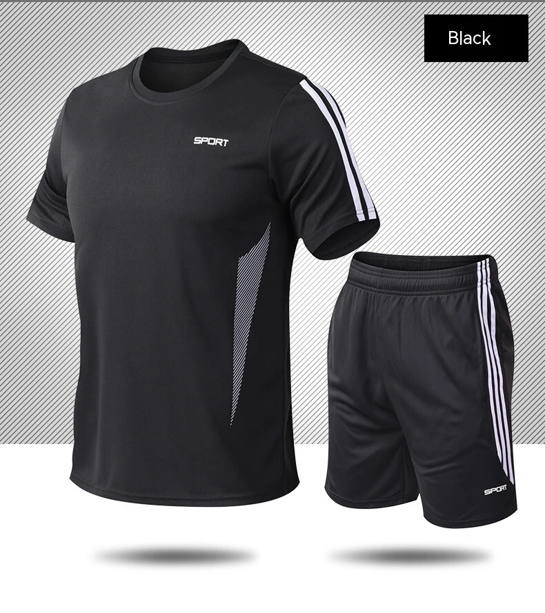 Summer sports set with three stripes, short sleeved shorts, loose running, quick drying and breathable for men and women