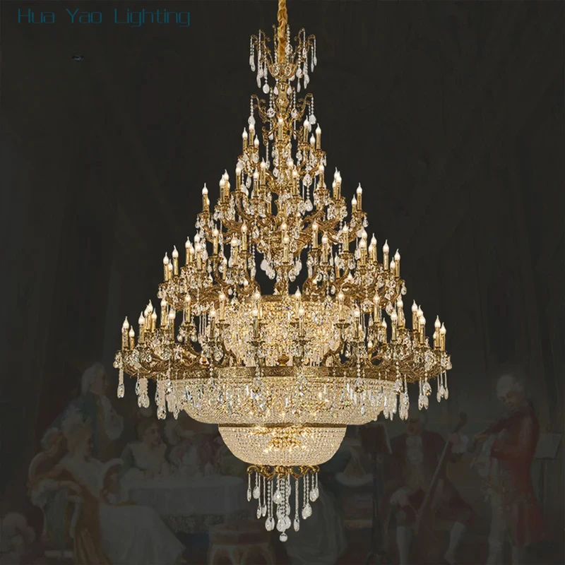 European Rococo Design Villa Living Room Luxury Crystal Indoor Chandelier Hotel Duplex Brass Big Pendant Lamp