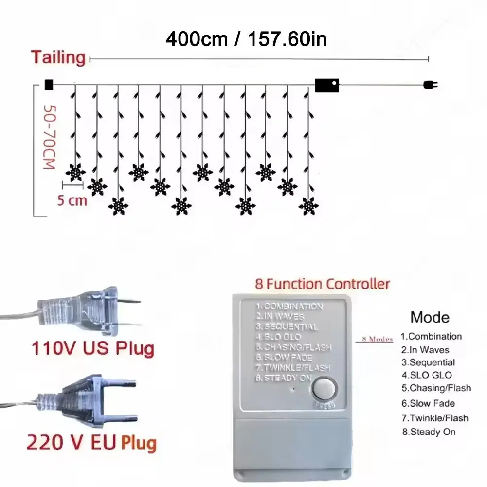 عيد الميلاد ندفة الثلج LED أضواء الستار 8 طرق المكونات في سلسلة أضواء للمنزل نافذة شجرة عيد الميلاد عطلة لوازم ديكور الحفلات #6