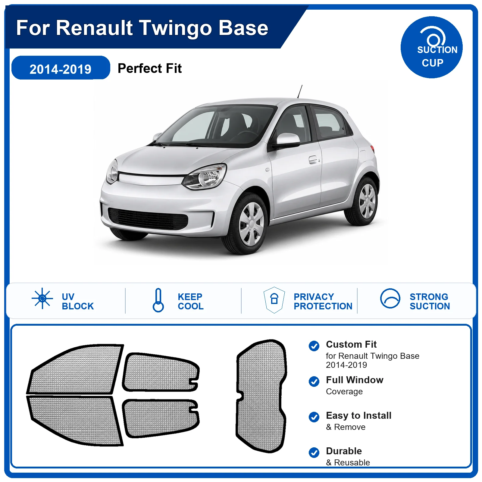 For Renault Twingo Base 2014-2019 Custom Full Set Windshield Sun Shade Aluminum Foil Heat Insulation Anti UV Foldable