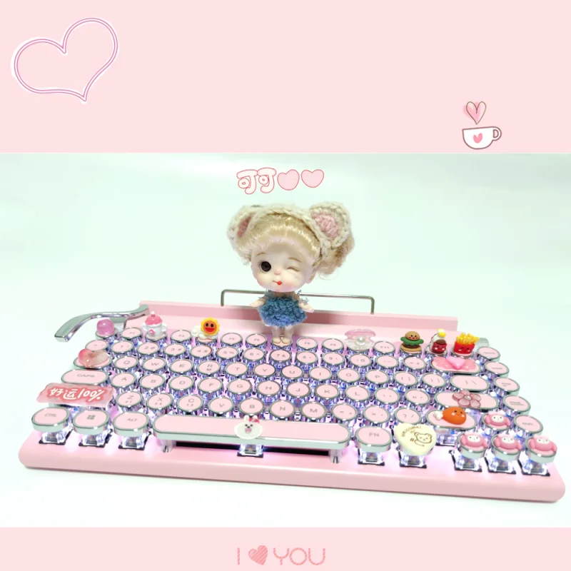 Lovely doll Bluetooth typewriter keyboard Retro dot 83 keys Green switch backlight Wireless wired Mechanical keyboard for girl