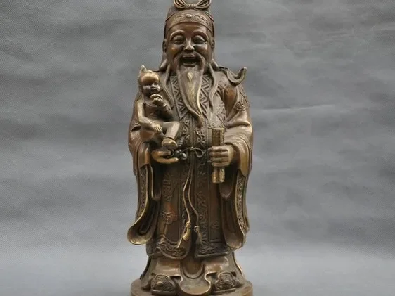 13'' China Smile Buddha Bring Baby Fu God Mammon Bronze Statue