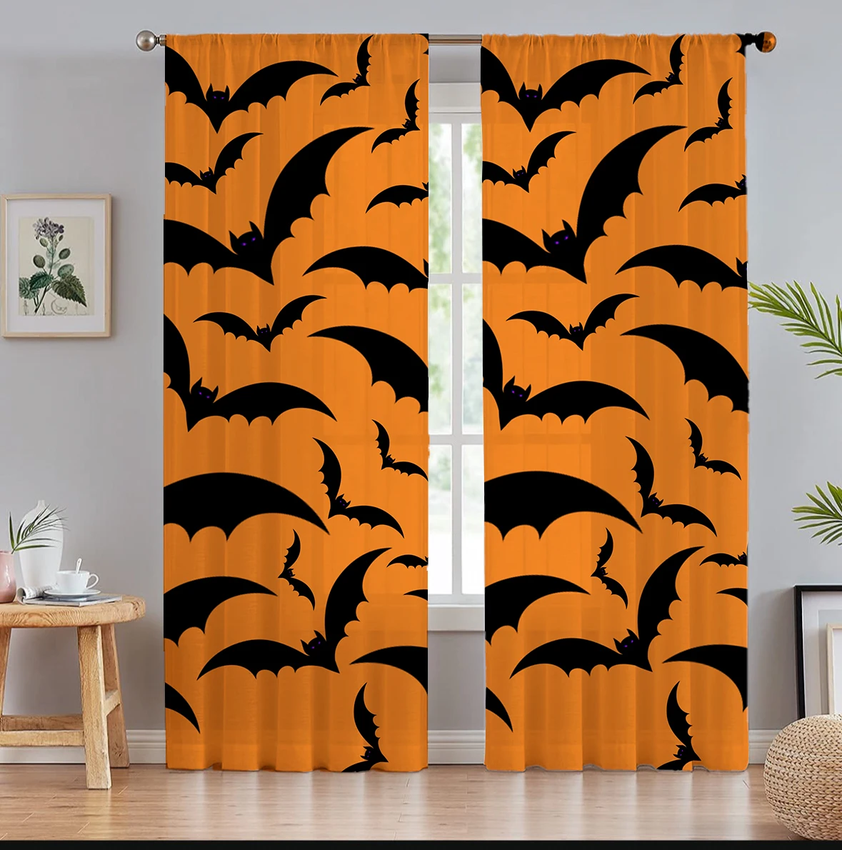 1PC Printing Bat Shadow Sheer Kitchen Curtain Bumpkin Orange Printed Semi Sheer Curtains Halloween Decor Hook Top Voile Curtain