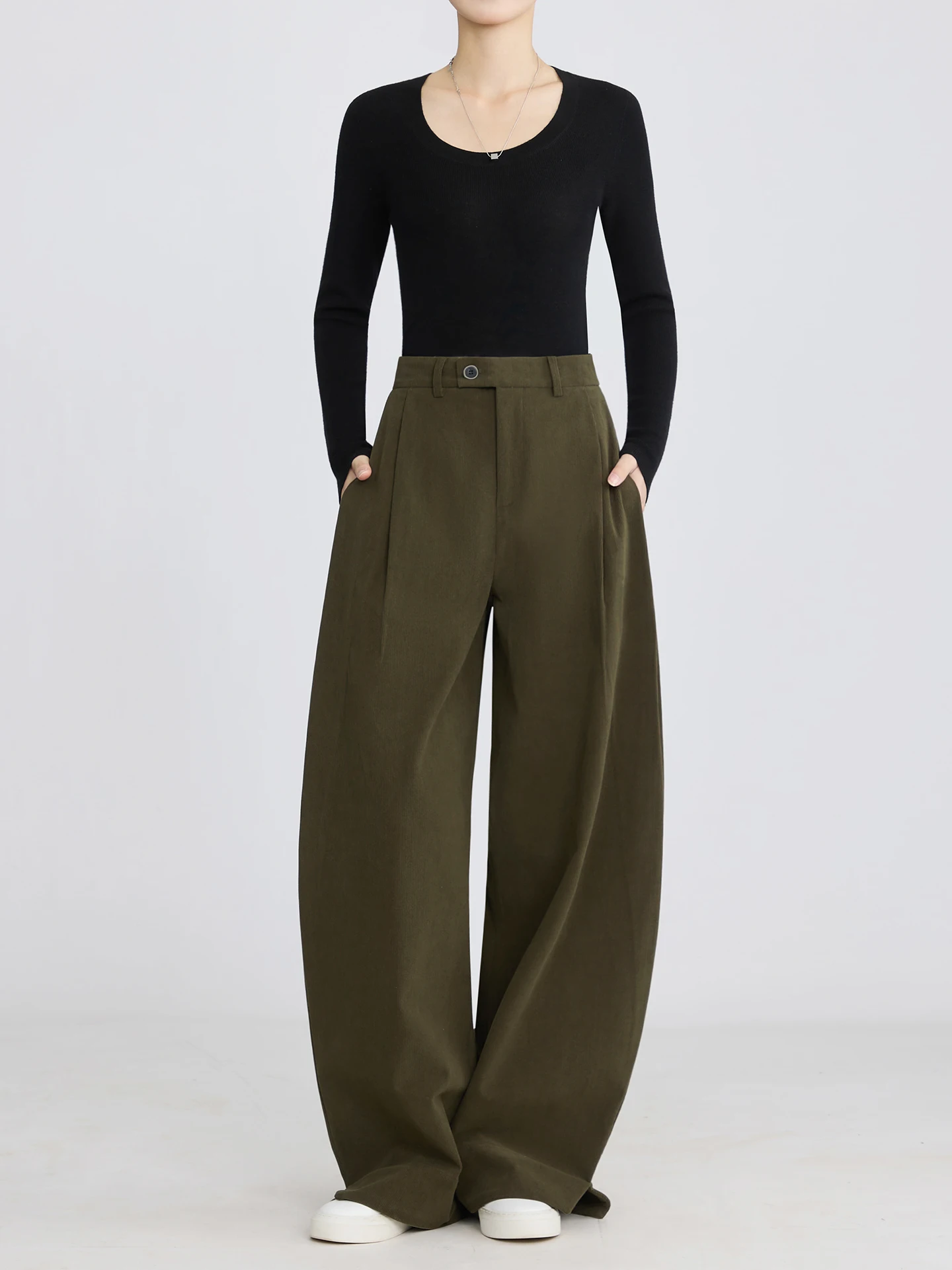 

Spring 2026 Women's Loose Fit Corduroy Wide Leg Pants Green Vintage High Waist Casual Trousers Polyester Fiber Open Slit