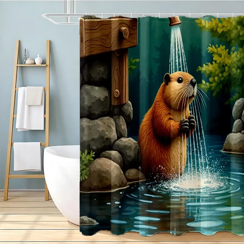 The Cute Beaver in the Shower Waterproof Shower Curtain for Bathroom Decor Jungle Woodland Animal Print Tropical Stream