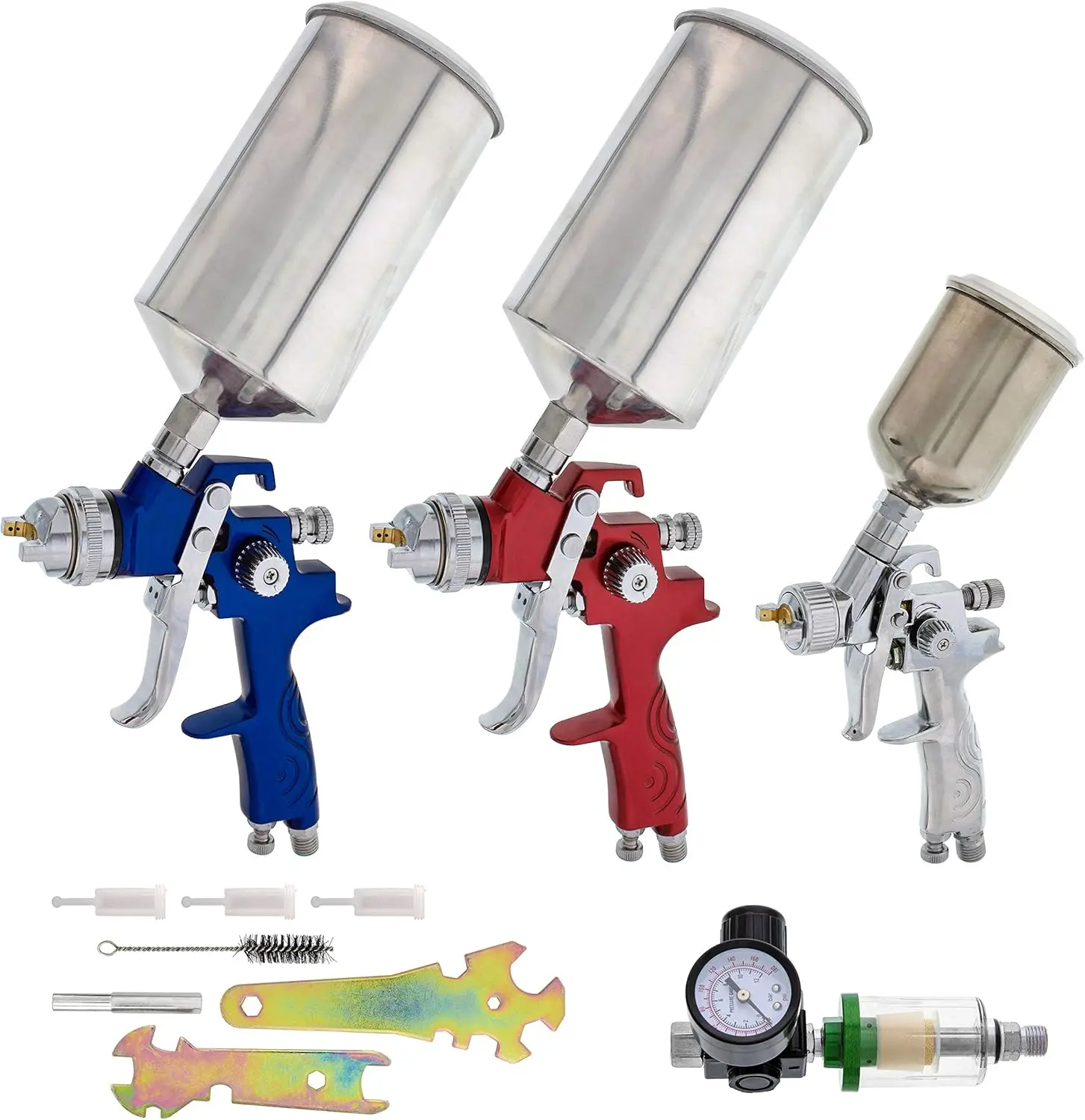 Global Brand HVLP Spray Gun Set - 3 Sprayguns with Cups, Air Regulator & Maintenance Kit for All Auto Paint, Primer, Topcoat & T