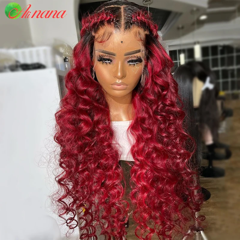 13x 4 parrucche frontali in pizzo per capelli umani parrucca con chiusura in pizzo 5x 5 riccia con onda d'acqua sciolta brasiliana di colore rosso ciliegia bordeaux per le donne