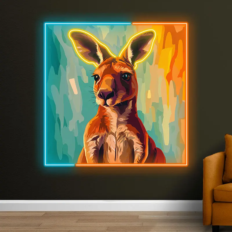 Toysign Colorful Kangaroo Neon Wall Art - Vibrant LED Light Decor for Living Room, Teen Room, Bedroom - Blue and Orange Frame