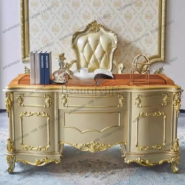 

pg45European French study table solid wood office desk champagne gold desk 1.5 meters boss table and chairs