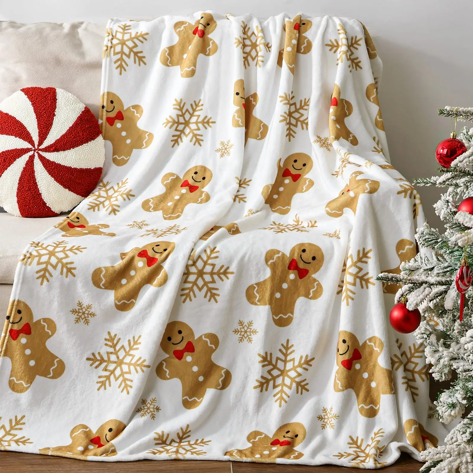 Flannel Gingerbread Man Bed Blanket, Lightweight Cozy Christmas Blanket for Couch Sofa Bed Living Room Home Decor Gifts