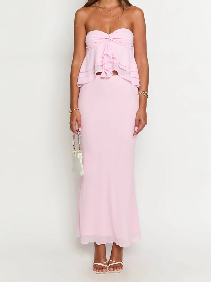 

Women's 2 Piece Skirts Outfits Solid Color Ruffles Strapless Tube Tops High Waist Long Skirts Clothes Set