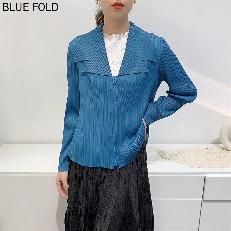 MIYAKE PLEATS-Women's Pleated Zipper Coat Long Sleeve Clothes Comfortable Leisure Style Niche Doll Collar Cardigan Spring Autumn