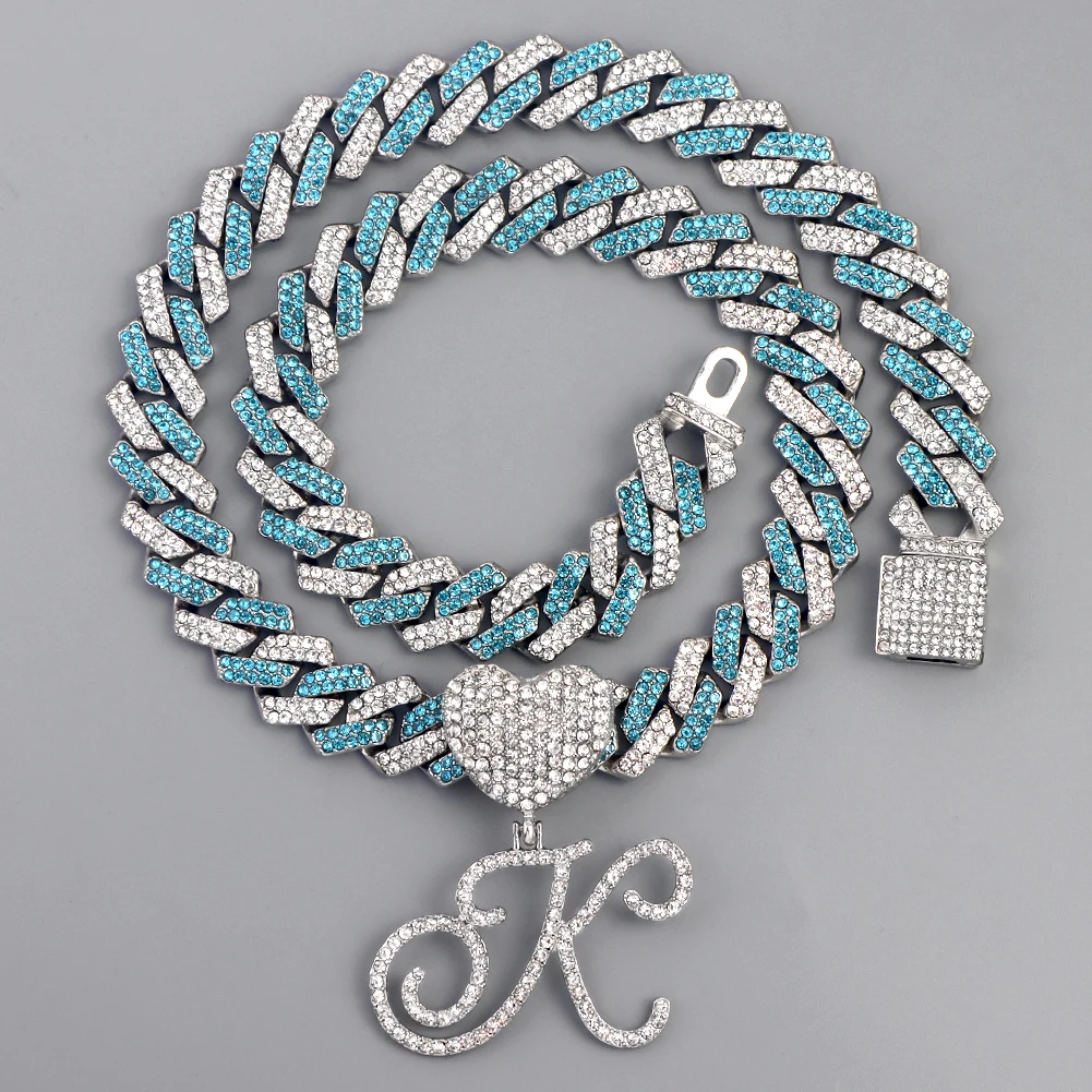 New Blue Mouth Cursive Initial Pendant Necklace Iced Out Prong Cuban Chain Cursive Letter Necklace For Women Men Trendy Jewelry