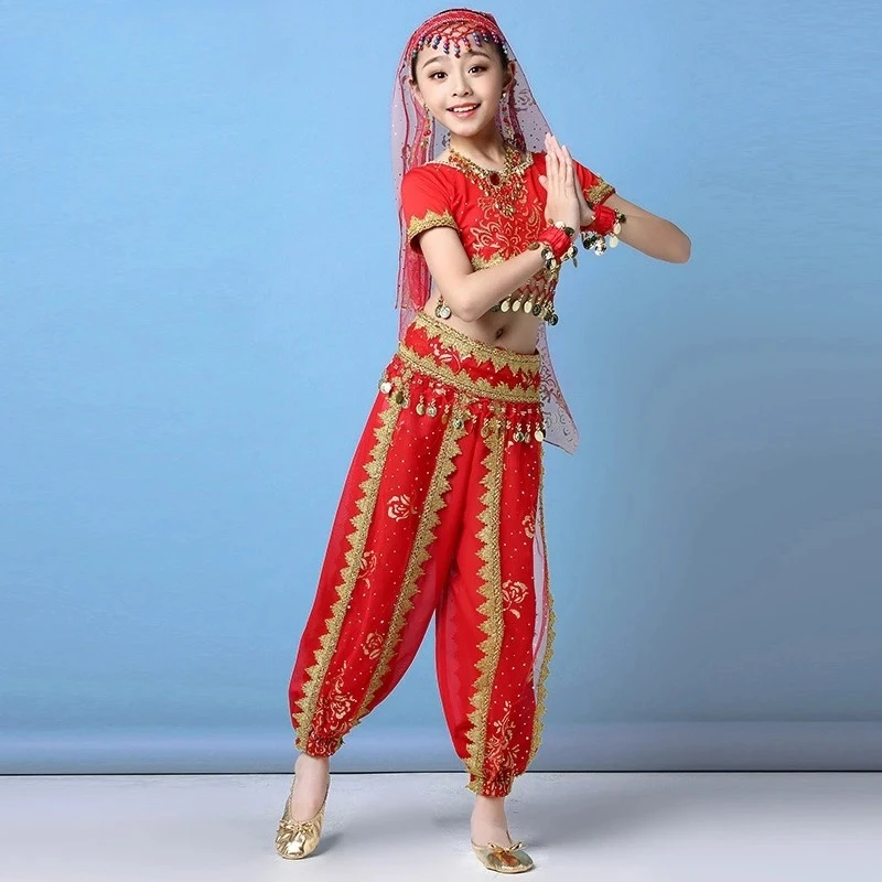 Conjunto de trajes de danza del vientre, vestidos de danza Oriental para niños, danza del vientre, niños indios, 4 colores, ropa de danza del vientre de la India