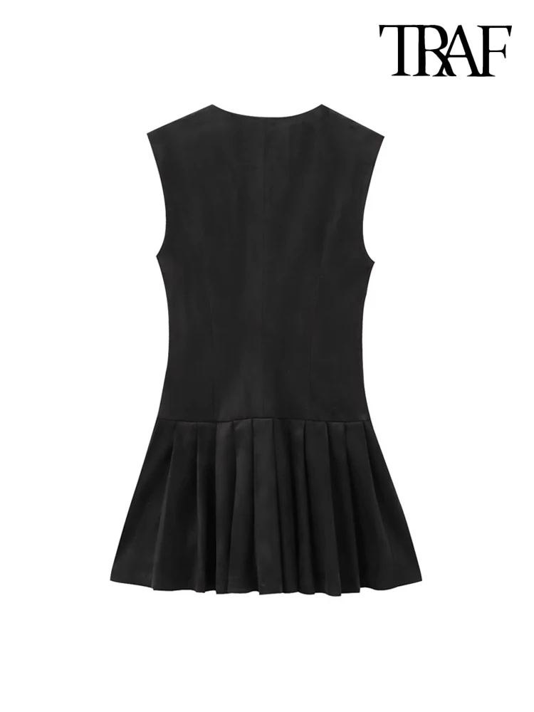 TRAF-Mini abito da donna in finta pelle scamosciata con patta, scollo a V, senza maniche, cerniera laterale, abiti da donna, moda chic