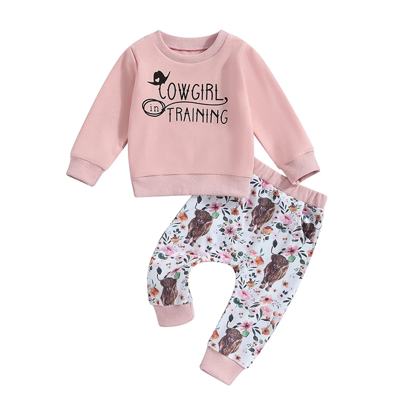 

SUNSIOM 0-3Y Baby Girls Autumn Western Clothes Sets Long Sleeve Letter Print Sweatshirt Floral Cattle Print Pants Sets