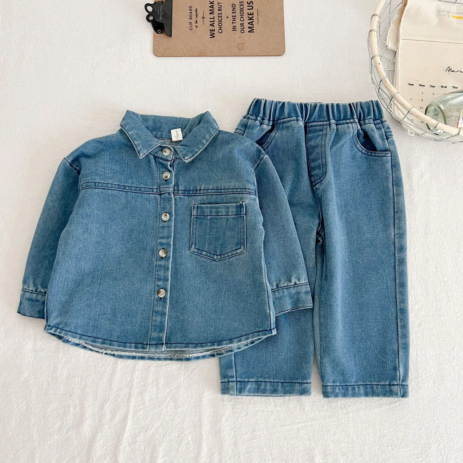 Solid Denim Suit Baby Spring Autumn Long-Sleeved Denim Shirt Jacket Trousers Two-Piece Baby Boys Girls Simple Casual 2PCS