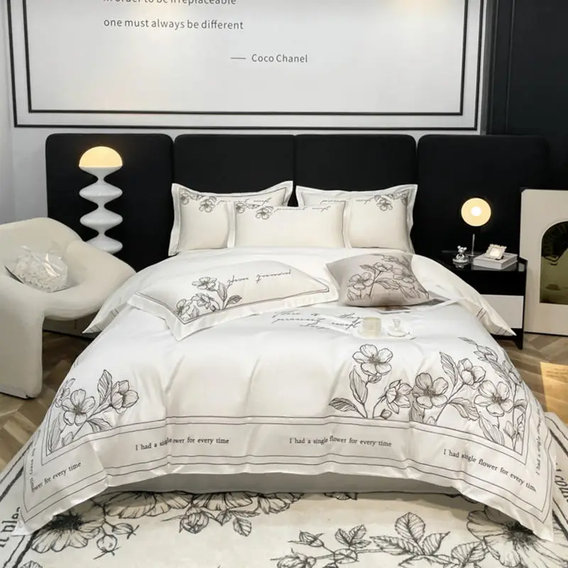 White Bedding Set 100%Cotton 4pcs Black Flower Embroidered Solid Duvet Cover Bedspread Fitted Sheet Pillow Shams Home Textile